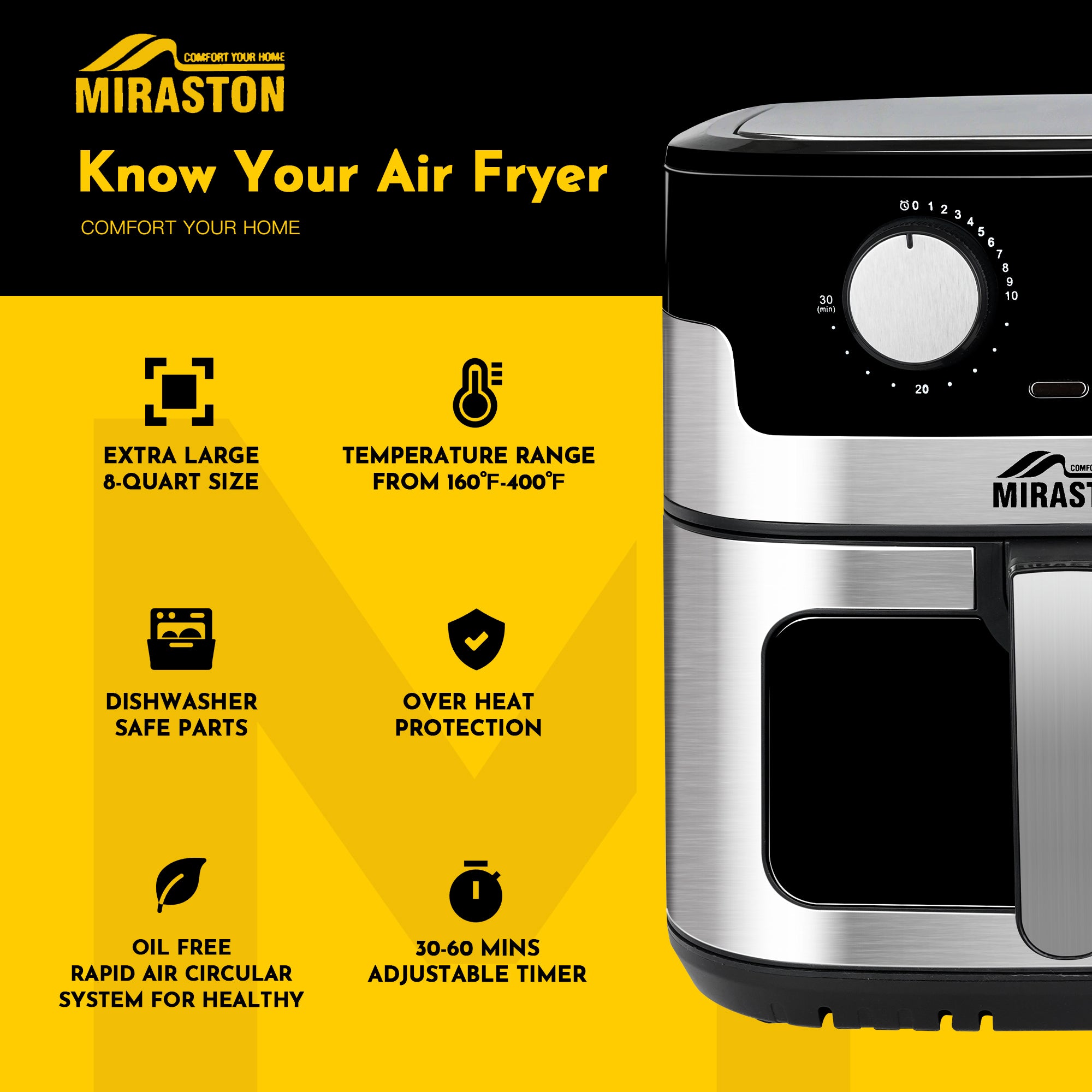 MIRASTON 8.5QT Dials Large Capacity Air Fryer Easy-to-Use Manual Design for Healthy Meals 1500W