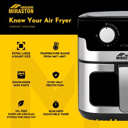 MIRASTON 8.5QT Dials Large Capacity Air Fryer Easy-to-Use Manual Design for Healthy Meals 1500W