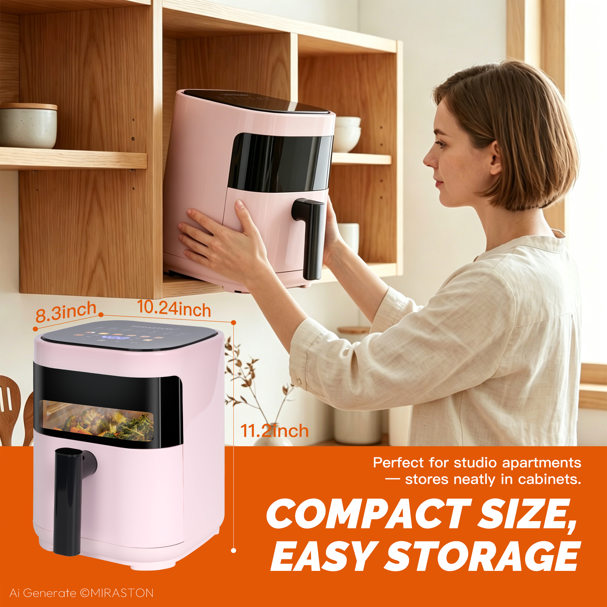 MIRASTON 3.2 Quart Compact Air Fryer with Viewing Window, 1200W Digital Touchscreen Countertop Oilless Cooker, Nonstick Dishwasher-Safe Basket, Pink