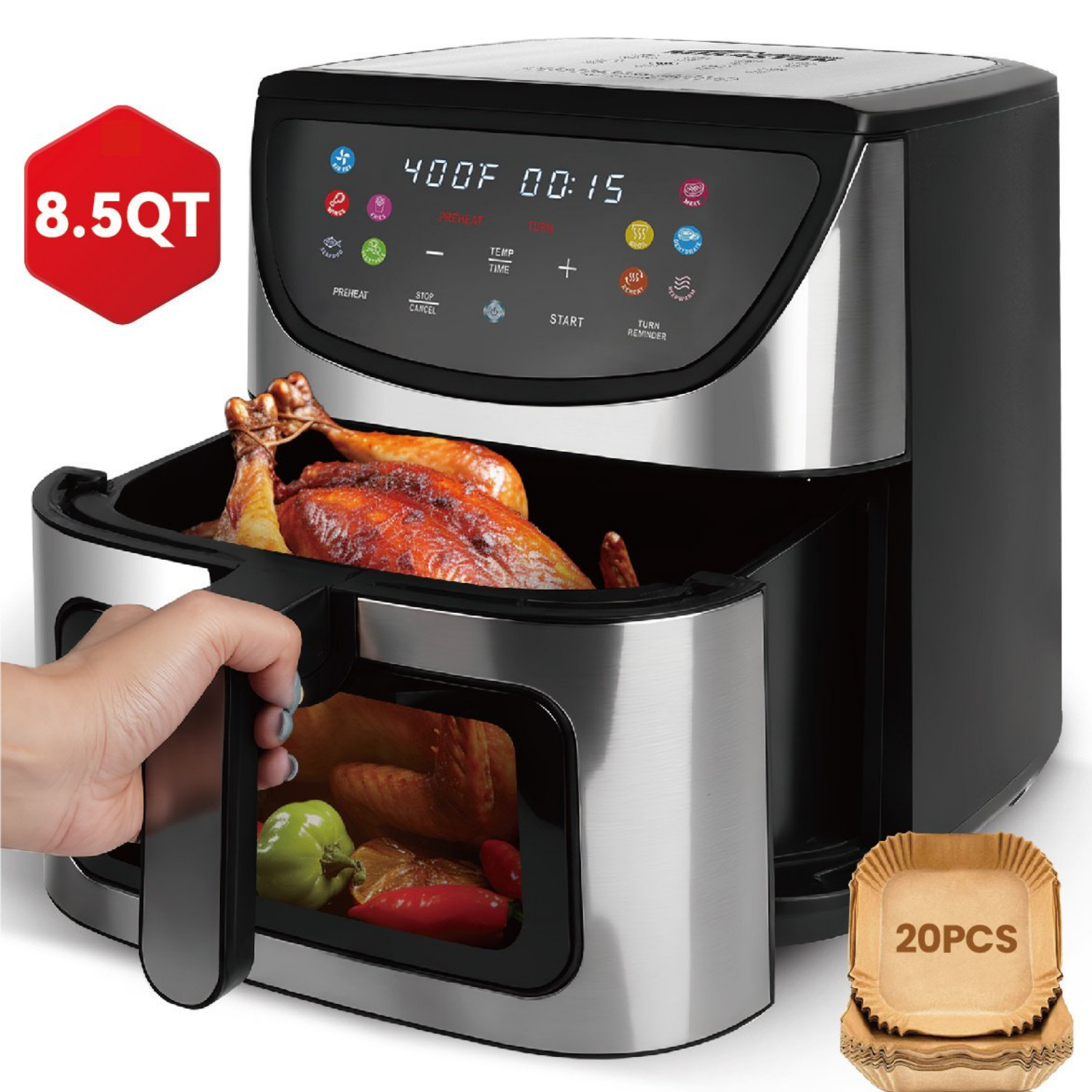 MIRASTON 8.5QT Large Capacity Air Fryer with Color Tilt-Screen, Better Viewing Angles, 10 Smart Presets, Visible Cooking Window, Stainless Steel, 1500W