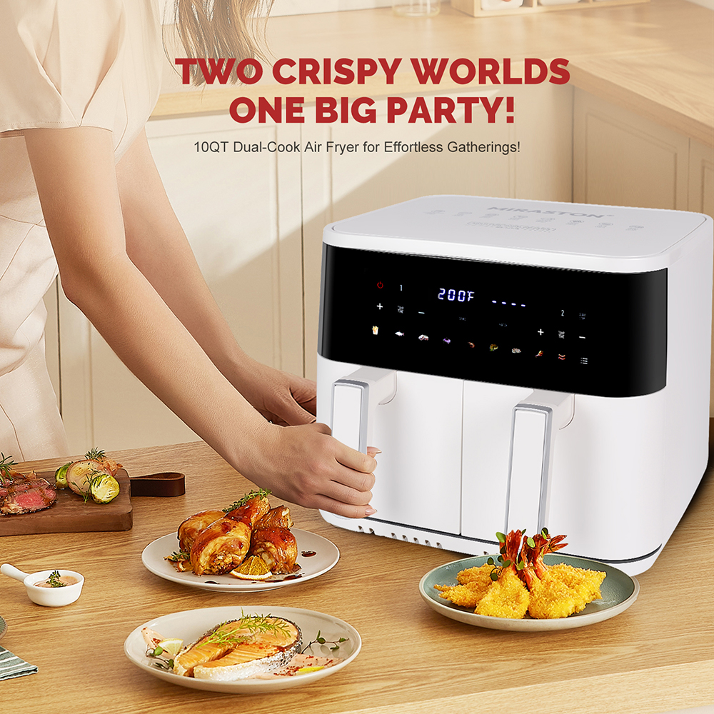 MIRASTON 10QT Dual Basket Air Fryer, 8-in-1 Smart Touchscreen with Sync Finish & Dual Zone Temp Control, 2 Separate Nonstick Baskets for Large Family, Aesthetic White for Any Countertop
