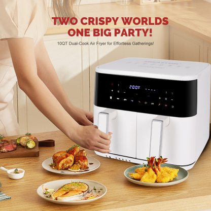 MIRASTON 10QT Dual Basket Air Fryer, 8-in-1 Smart Touchscreen with Sync Finish & Dual Zone Temp Control, 2 Separate Nonstick Baskets for Large Family, Aesthetic White for Any Countertop
