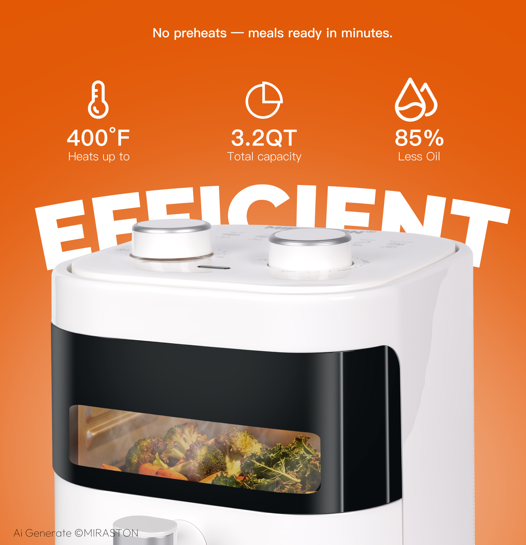 MIRASTON 3.2 Quart Compact Air Fryer with Viewing Window, 1200W Dual-Knob Manual Control Countertop Oilless Cooker, Nonstick Dishwasher-Safe Basket, White