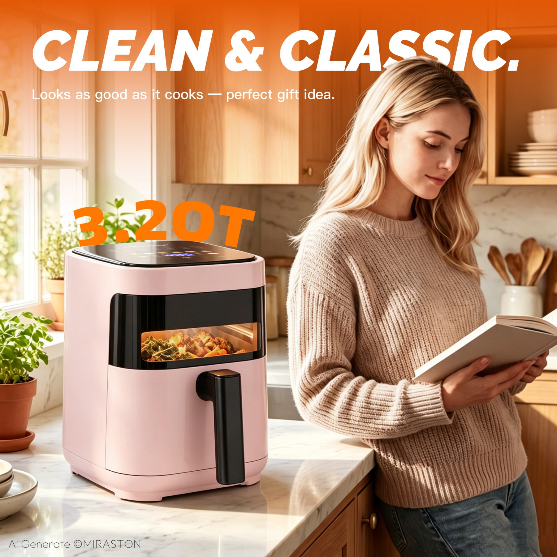 MIRASTON 3.2 Quart Compact Air Fryer with Viewing Window, 1200W Digital Touchscreen Countertop Oilless Cooker, Nonstick Dishwasher-Safe Basket, Pink