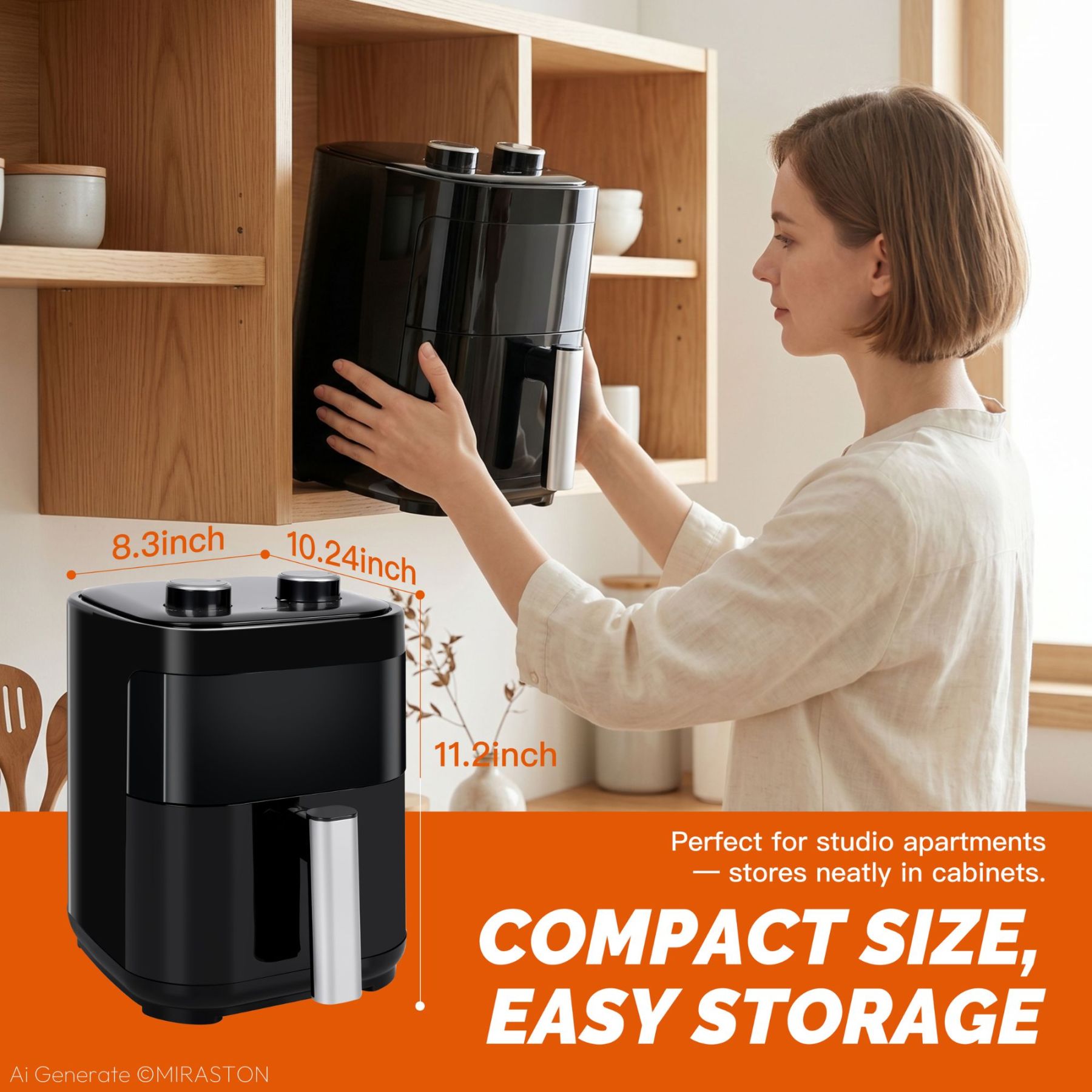MIRASTON 3.2 Quart Mini Air Fryer, Compact Nonstick Personal Air Fryer with Dial Control and Dishwasher Safe Basket, Black