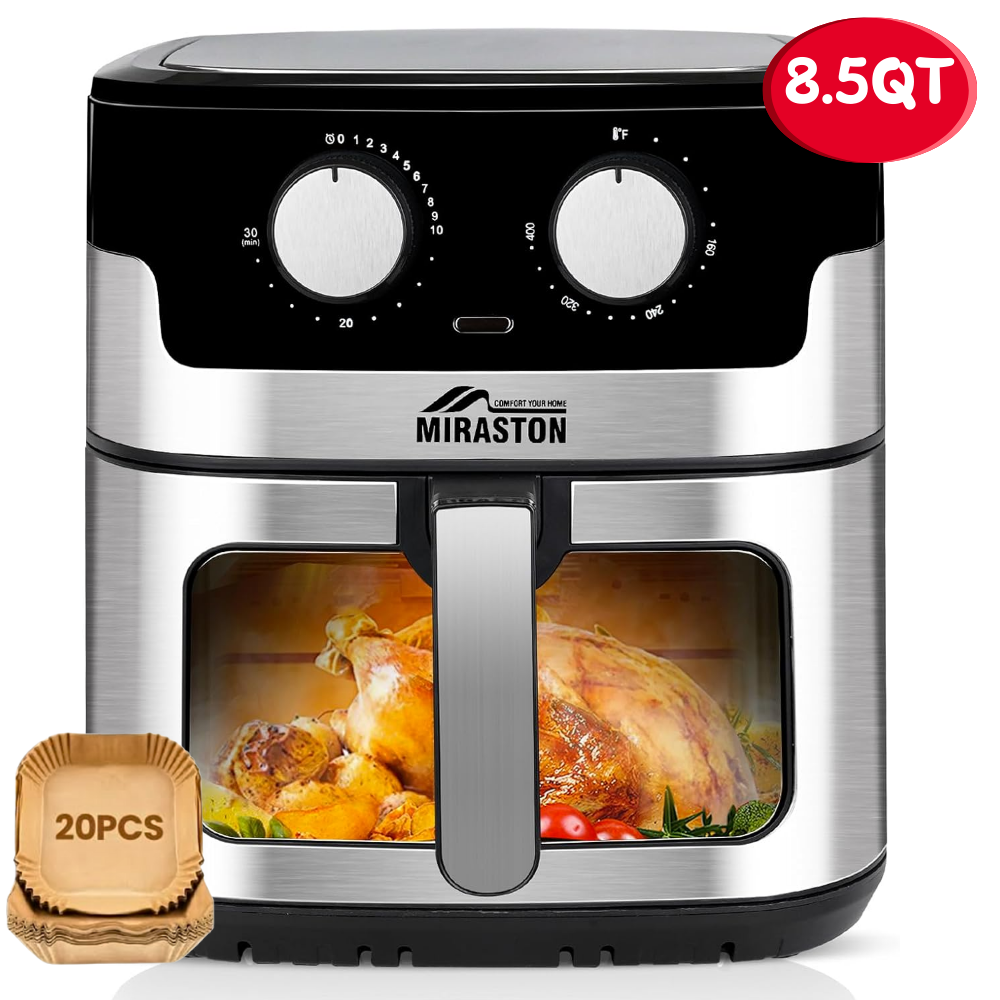 MIRASTON 8.5QT Family Size Capacity Air Fryer, 8-in-1 Functions, Digital Window, Stainless Steel