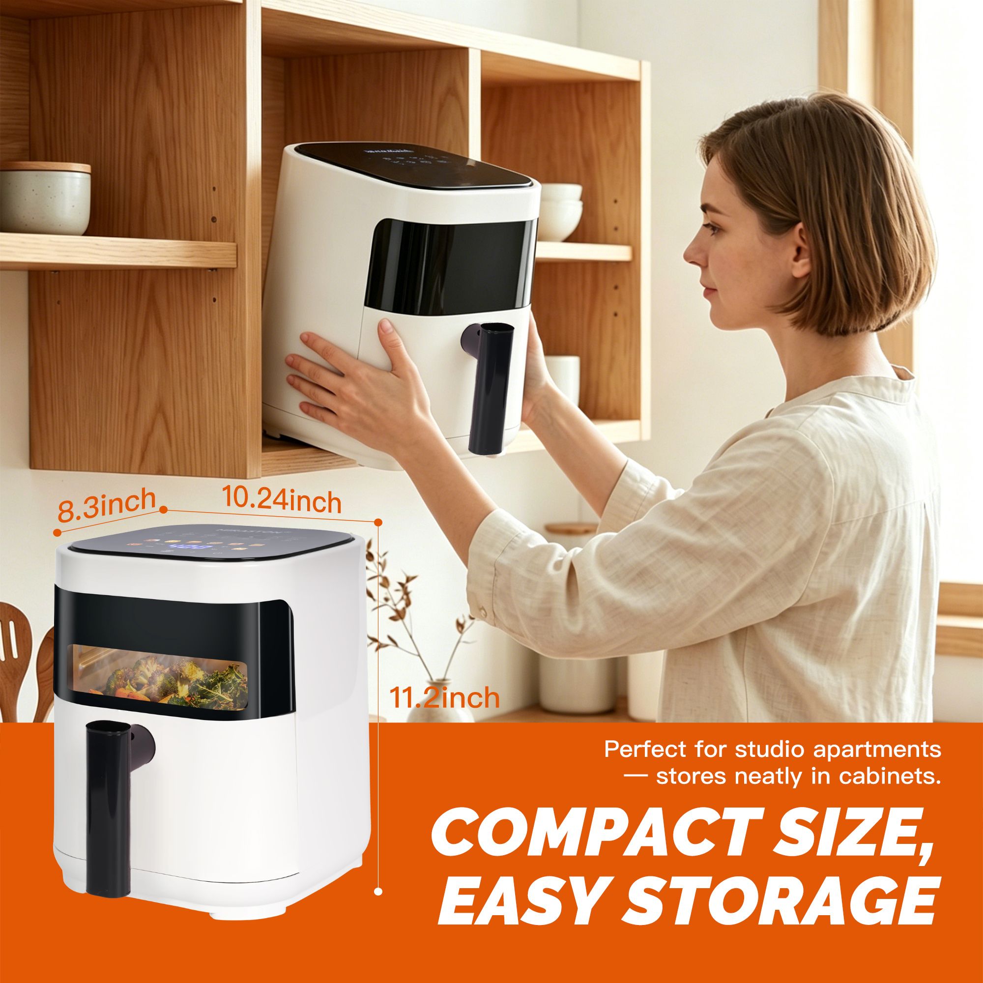 MIRASTON 3.2 Quart Compact Air Fryer with Viewing Window, 1200W Digital Touchscreen Countertop Oilless Cooker, Nonstick Dishwasher-Safe Basket, White