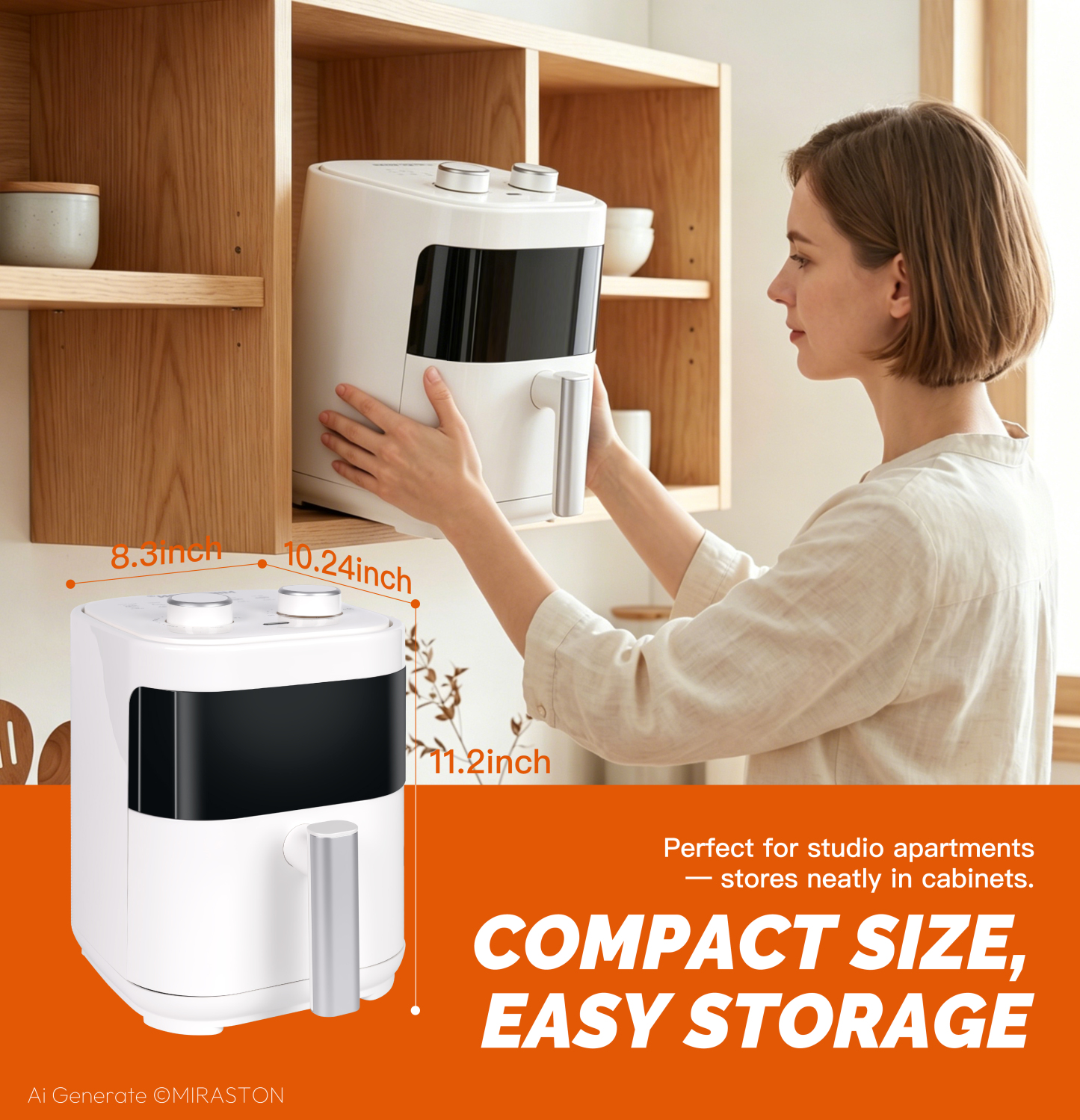 MIRASTON 3.2 Quart Compact Air Fryer with Viewing Window, 1200W Dual-Knob Manual Control Countertop Oilless Cooker, Nonstick Dishwasher-Safe Basket, White