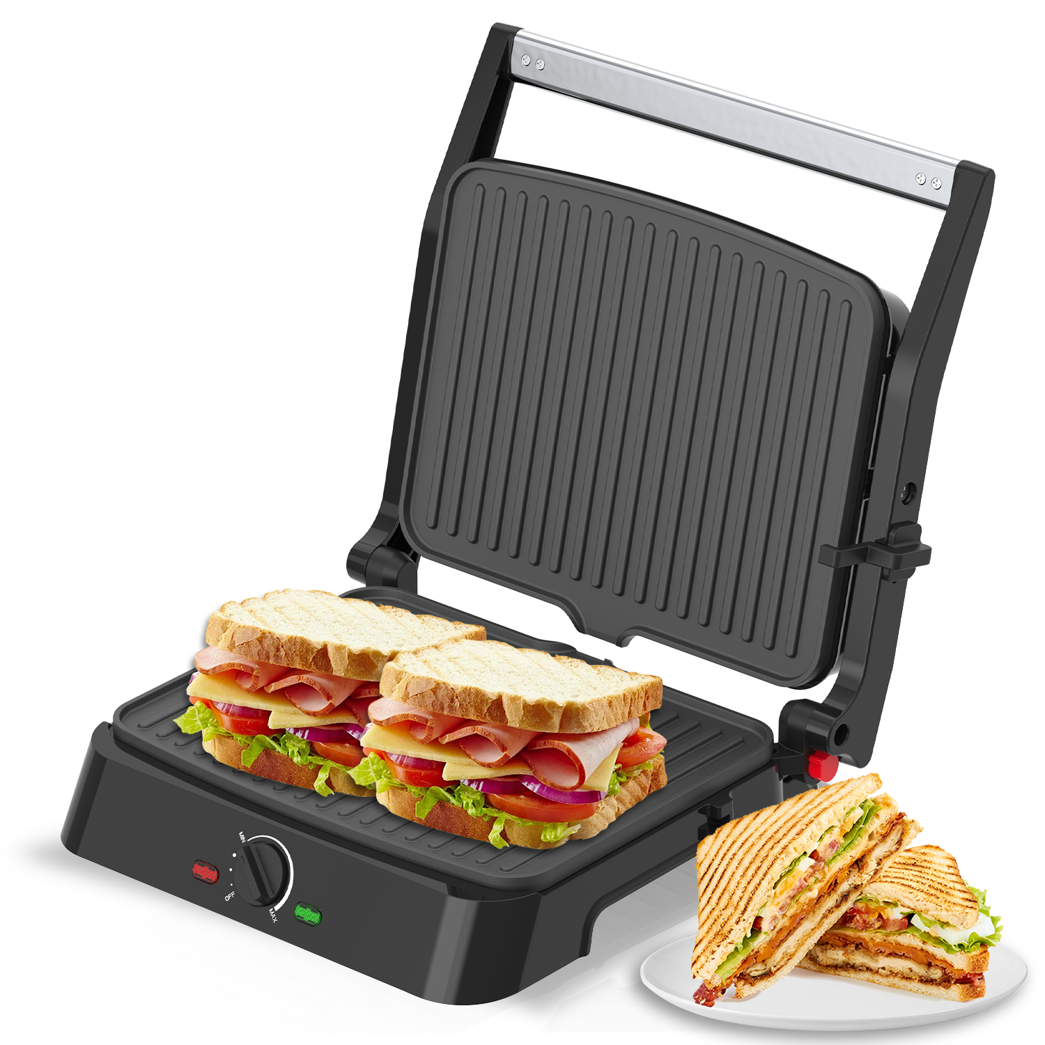 MIRASTON Electric Panini Press Grill and Sandwich Maker / 8.5" x 11" Non-Stick Coated Plates, Opens 180 Degrees to Fit Any Type or Size Food, Dishwasher Safe, Sliver