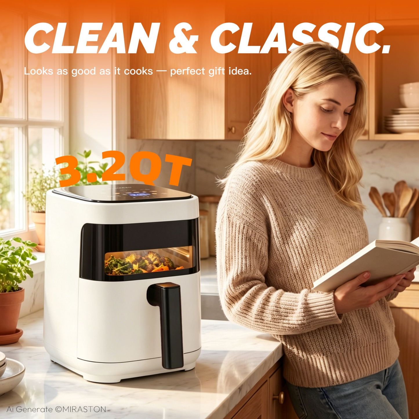 MIRASTON 3.2 Quart Compact Air Fryer with Viewing Window, 1200W Digital Touchscreen Countertop Oilless Cooker, Nonstick Dishwasher-Safe Basket, White