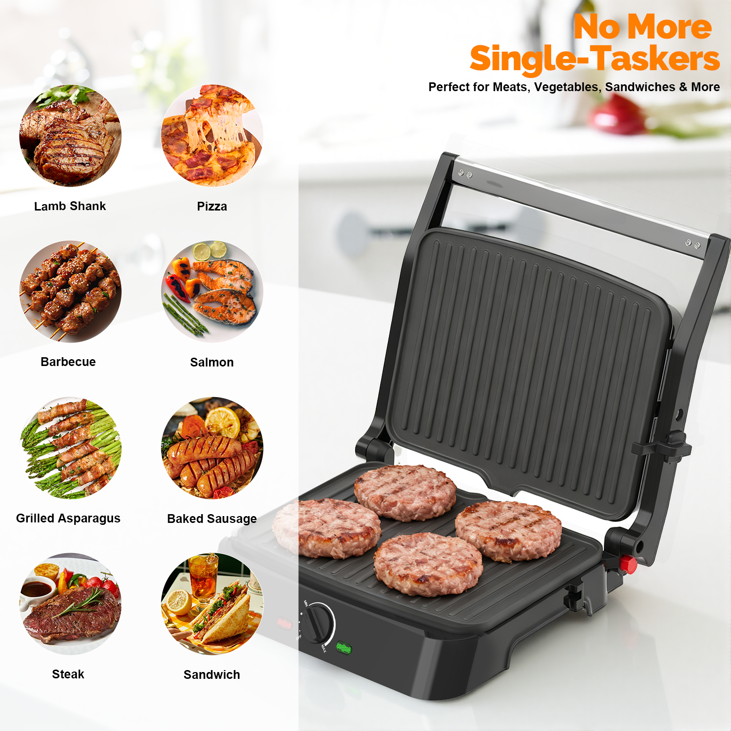 MIRASTON Electric Panini Press Grill and Sandwich Maker / 8.5" x 11" Non-Stick Coated Plates, Opens 180 Degrees to Fit Any Type or Size Food, Dishwasher Safe, Sliver