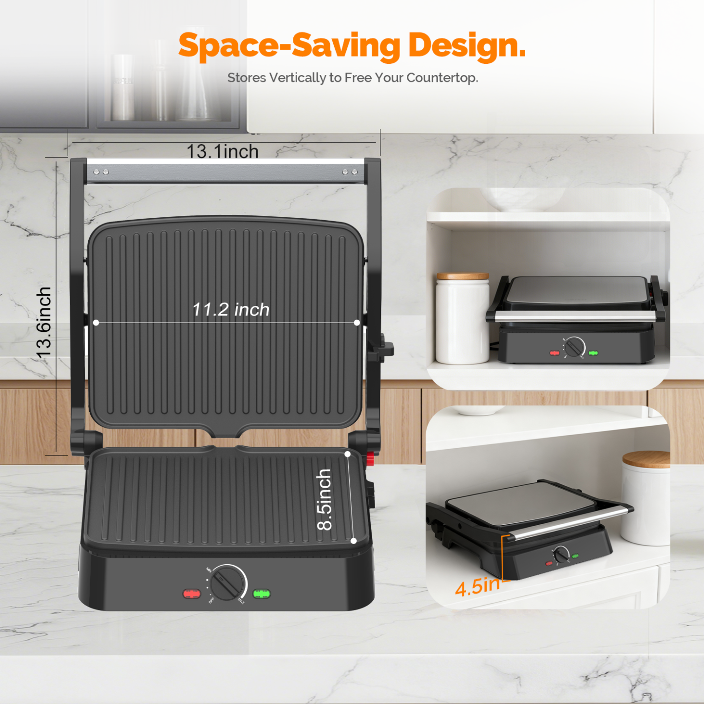 MIRASTON Electric Panini Press Grill and Sandwich Maker / 8.5" x 11" Non-Stick Coated Plates, Opens 180 Degrees to Fit Any Type or Size Food, Dishwasher Safe, Sliver