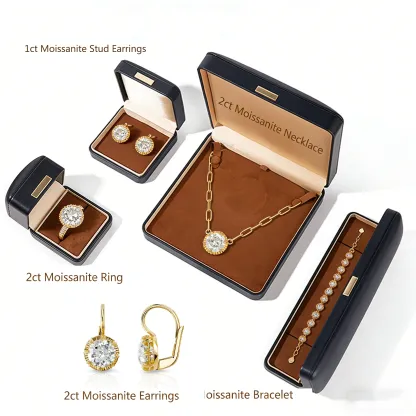 Bold&Chice 1-2CT Sunburst Bezel Moissanite Jewelry Set, 18K Gold Plated S925 Silver Lab Created Diamond, Complete Matching Statement Set  (Ring/Necklace/Earrings/Bracelet)