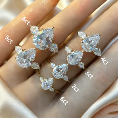 Bold&Chice 0.8-10CT Three-Stone Pear Side Moissanite Ring, S925 Silver Lab Created Diamond, Elegant Multi-Cut Statement Ring for Her