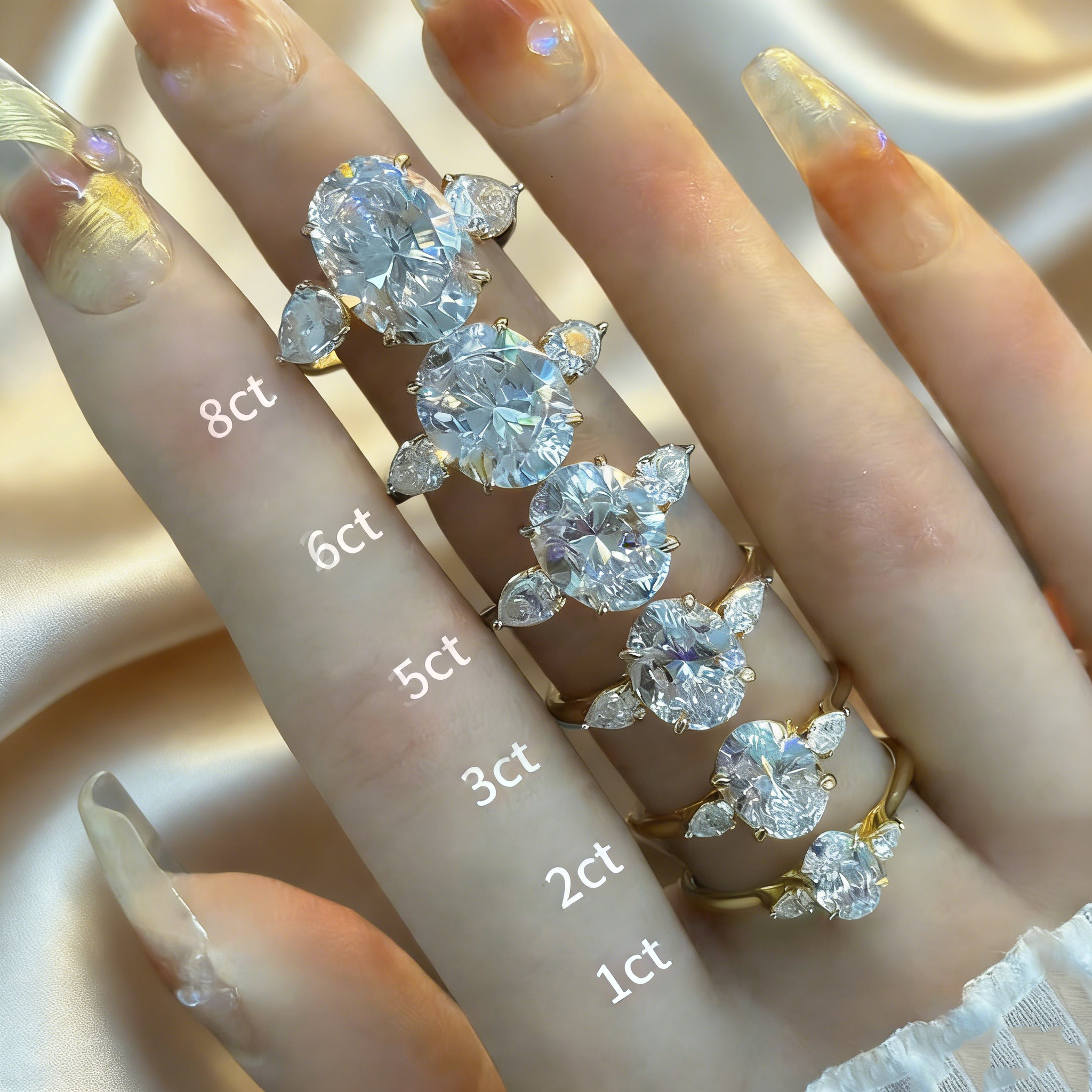 Bold&Chice 0.8-10CT Three-Stone Pear Side Moissanite Ring, S925 Silver Lab Created Diamond, Elegant Multi-Cut Statement Ring for Her