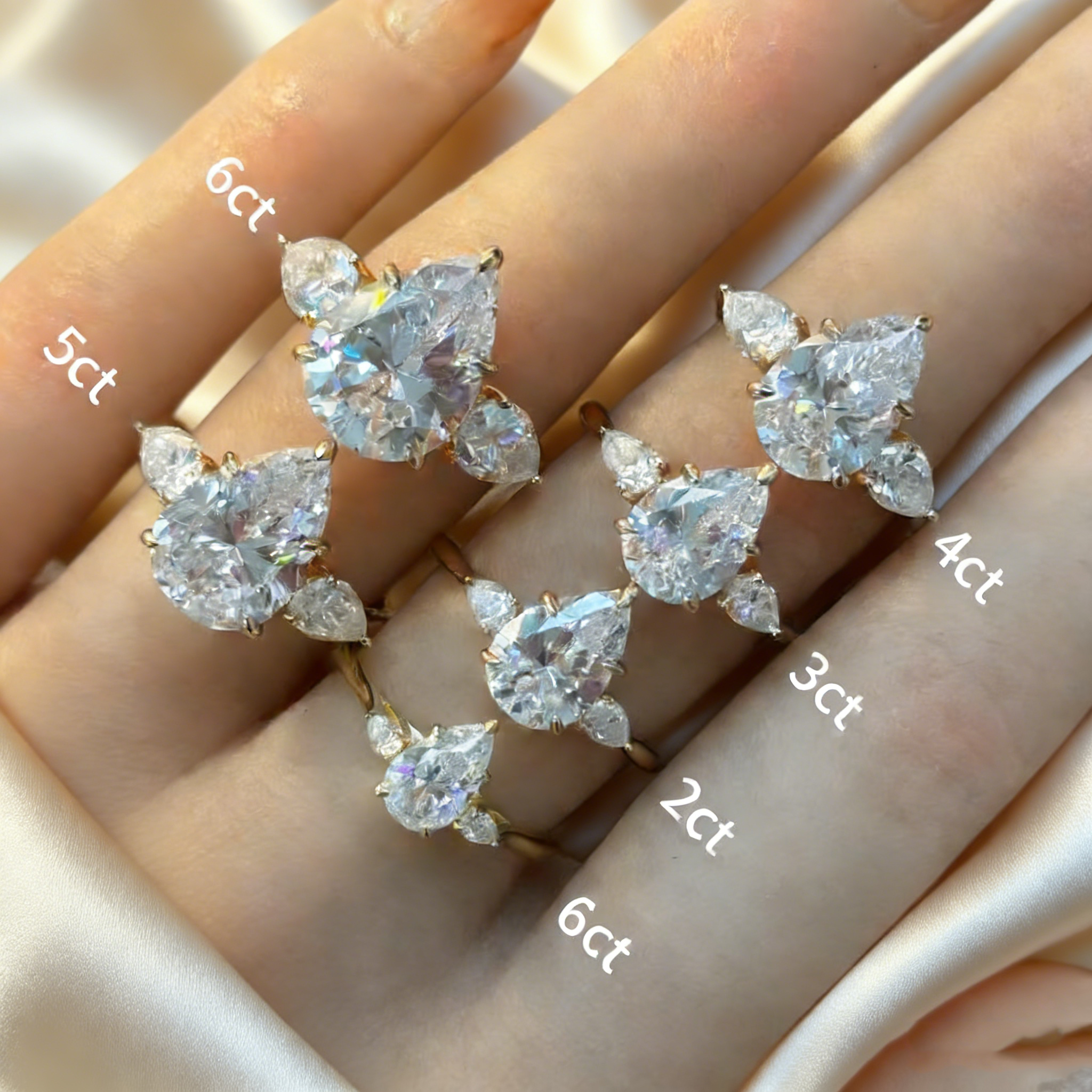 Bold&Chice 0.8-10CT Three-Stone Pear Side Moissanite Ring, S925 Silver Lab Created Diamond, Elegant Multi-Cut Statement Ring for Her