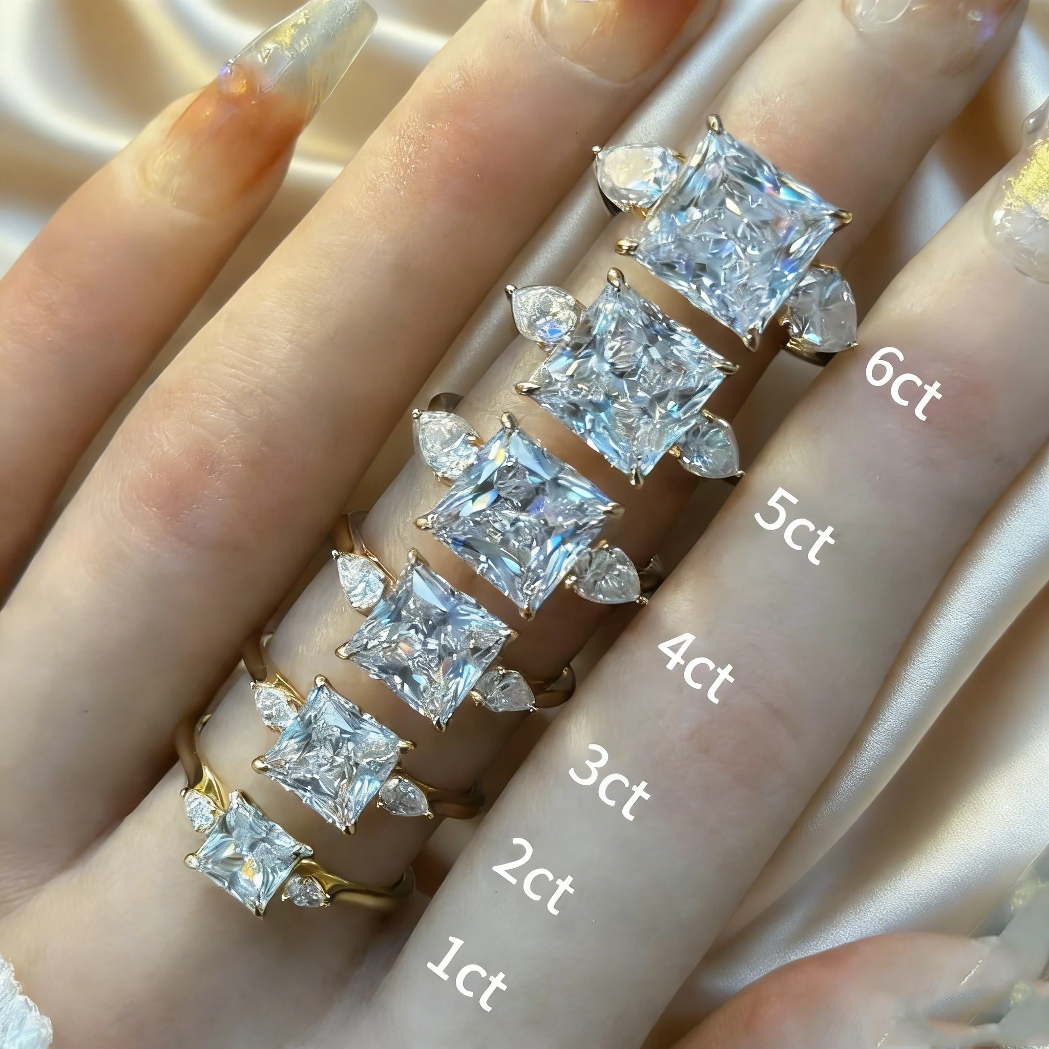 Bold&Chice 0.8-10CT Three-Stone Pear Side Moissanite Ring, 18K Gold Plated S925 Silver Lab Created Diamond, Elegant Multi-Cut Statement Ring for Her