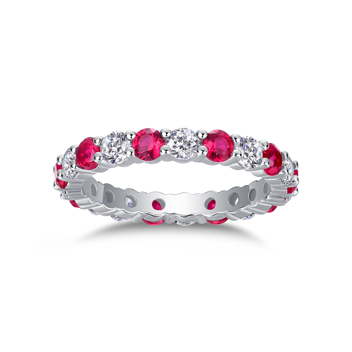 Bold&Chice Blue Sapphire & White Moissanite Eternity Band, Lab Created Diamond Alternating Ring, Unisex S925 Silver Stackable Ring