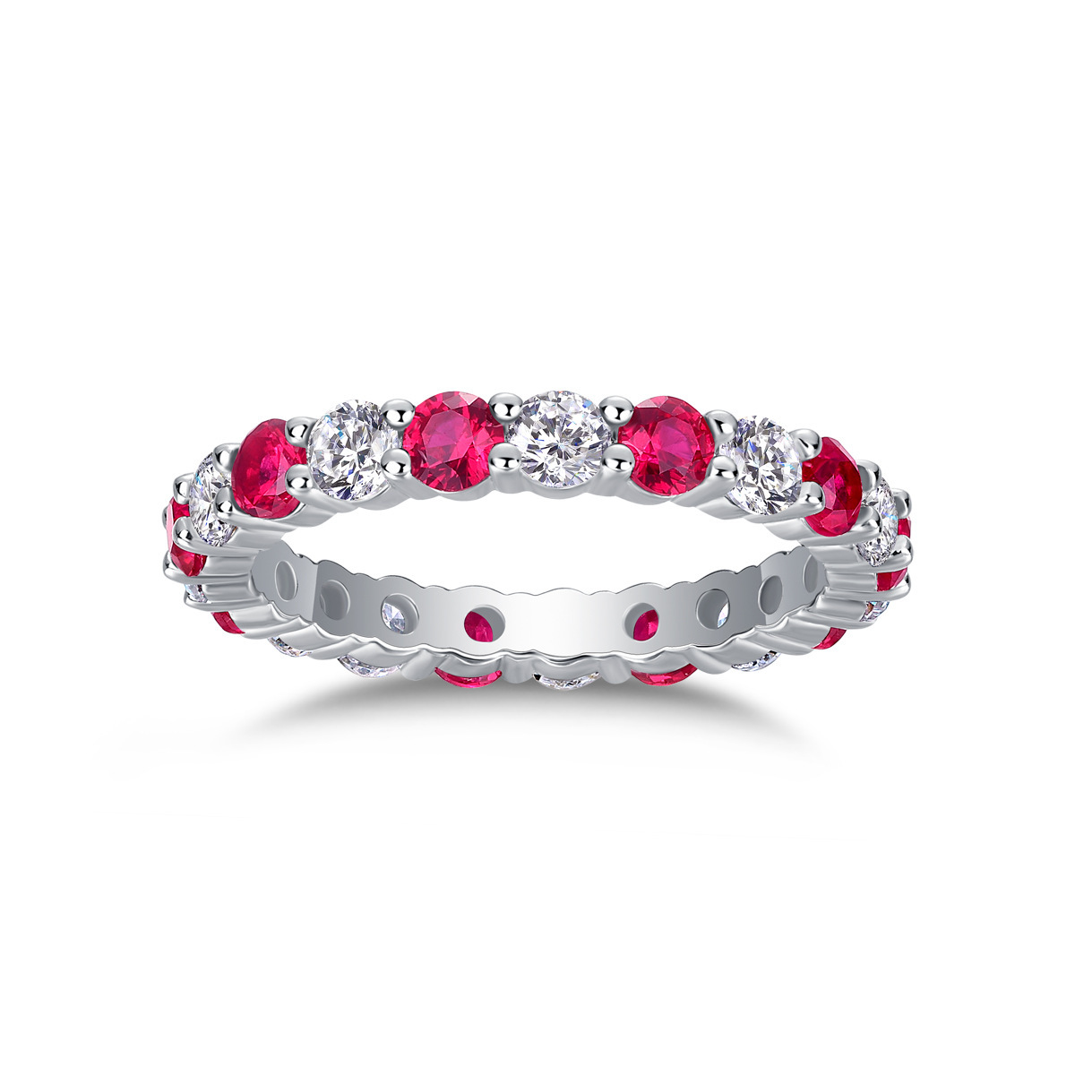 Bold&Chice Blue Sapphire & White Moissanite Eternity Band, Lab Created Diamond Alternating Ring, Unisex S925 Silver Stackable Ring