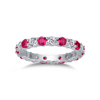 Bold&Chice Blue Sapphire & White Moissanite Eternity Band, Lab Created Diamond Alternating Ring, Unisex S925 Silver Stackable Ring