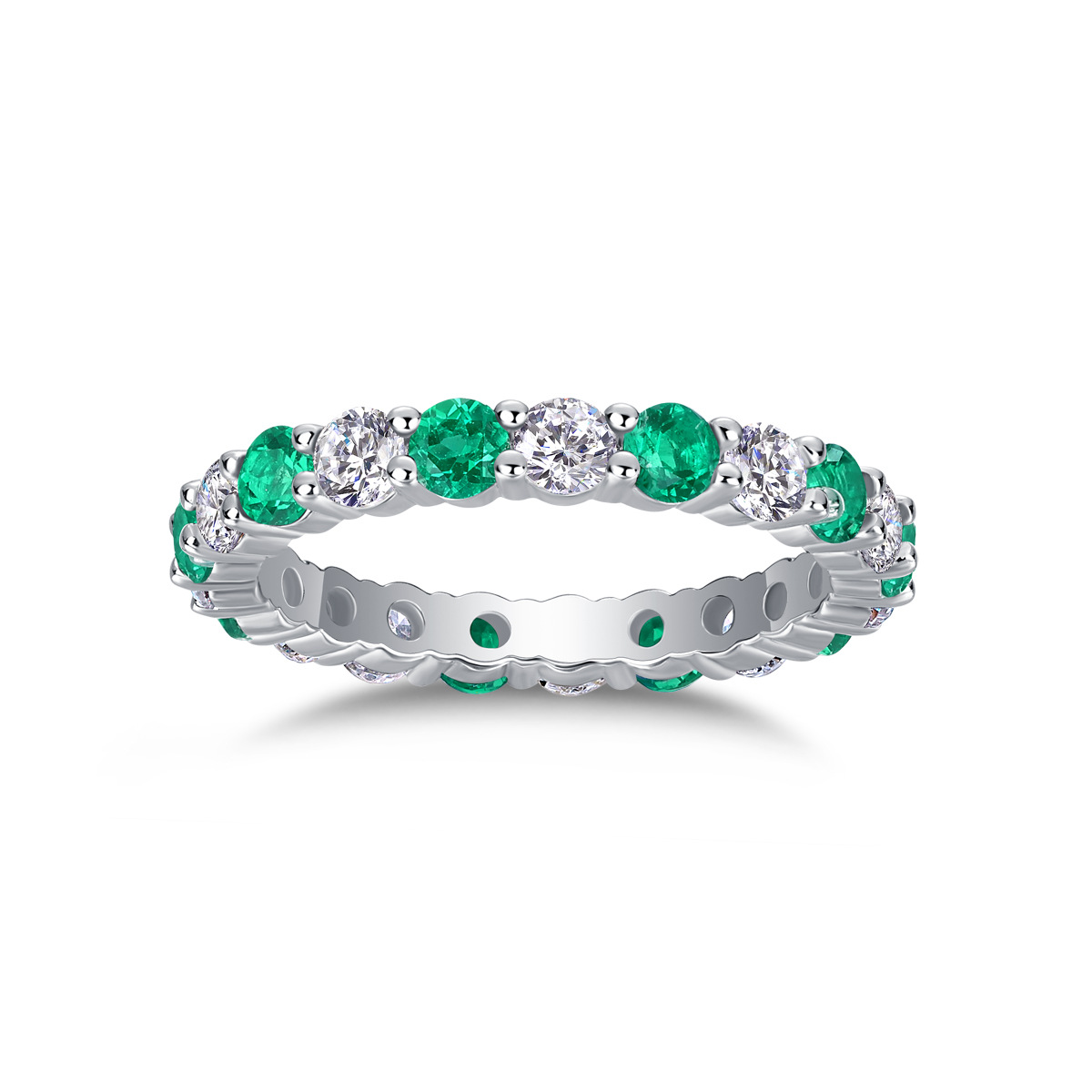 Bold&Chice Blue Sapphire & White Moissanite Eternity Band, Lab Created Diamond Alternating Ring, Unisex S925 Silver Stackable Ring