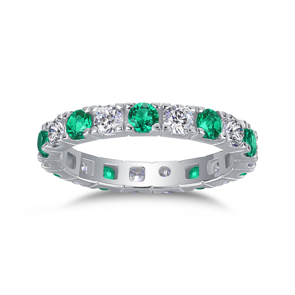 Bold&Chice Blue Sapphire & White Moissanite Eternity Band, Lab Created Diamond Alternating Ring, Unisex S925 Silver Stackable Ring