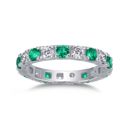 Bold&Chice Blue Sapphire & White Moissanite Eternity Band, Lab Created Diamond Alternating Ring, Unisex S925 Silver Stackable Ring