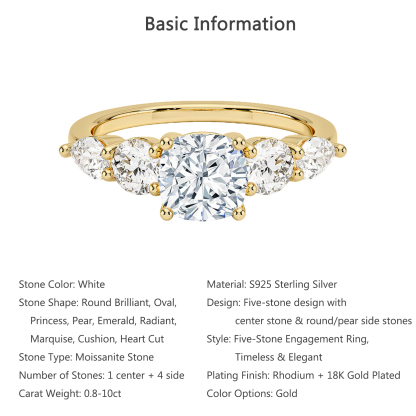 Bold&Chice 0.8-10CT Luxury Five-Stone Moissanite Ring, S925 Silver Lab Created Diamond, Elegant Multi-Cut Statement Ring for Her