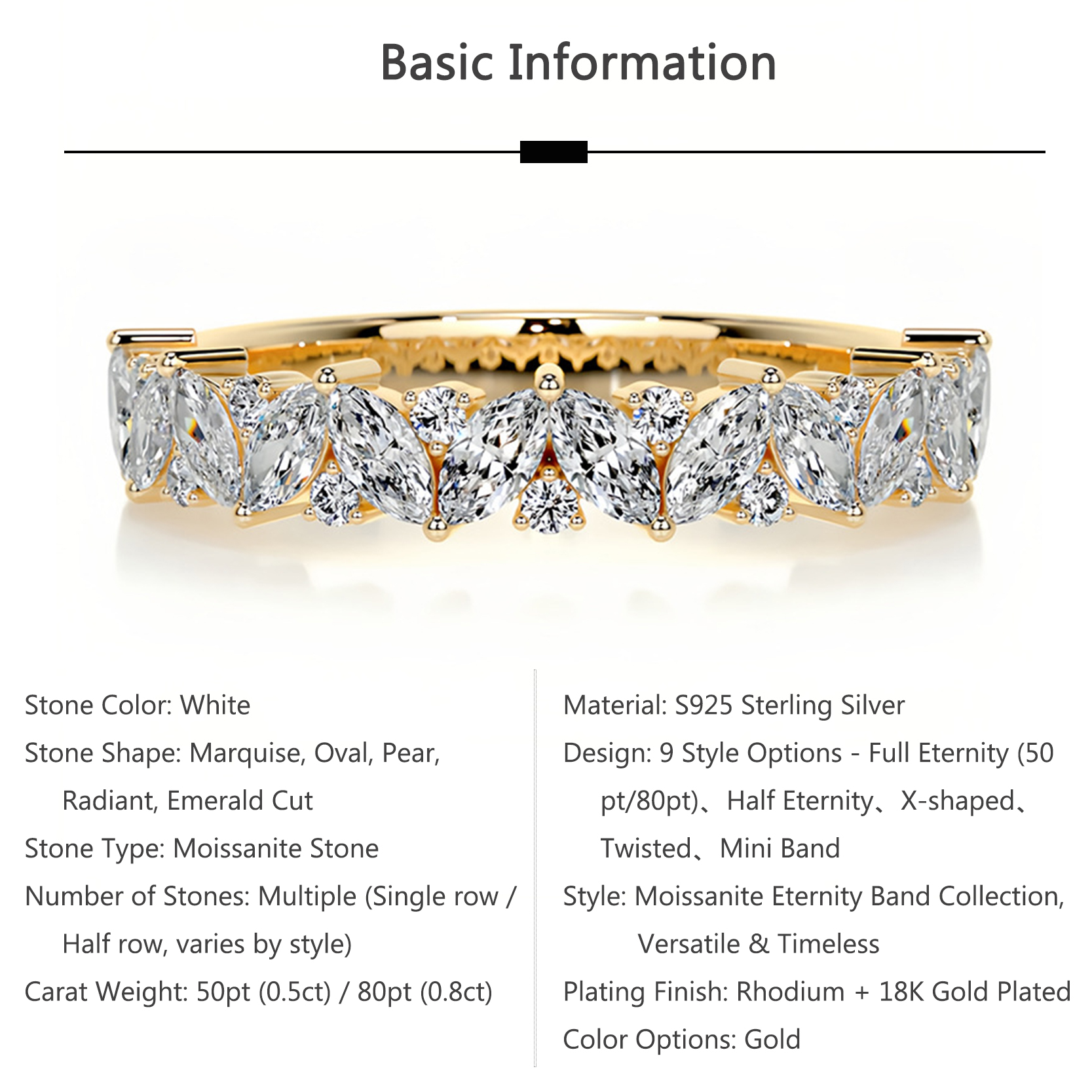 Bold&Chice 0.5-1CT Eternity Band Moissanite Ring, 18K Gold Plated S925 Silver Lab Created Diamond, Timeless Multi-Style Statement Ring for Her