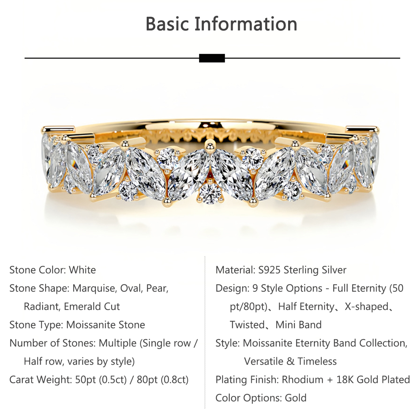 Bold&Chice 0.5-1CT Eternity Band Moissanite Ring, 18K Gold Plated S925 Silver Lab Created Diamond, Timeless Multi-Style Statement Ring for Her