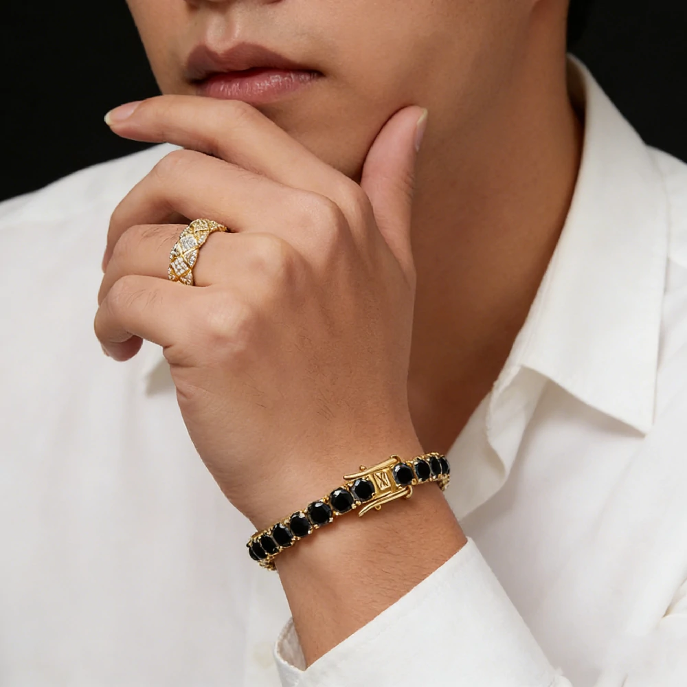 Bold&Chice Luxury Round Cut Moissanite Tennis Bracelet, 18K Gold Plated  S925 Silver Lab Created Diamond, Shiny Single Row Statement Bracelet for Her