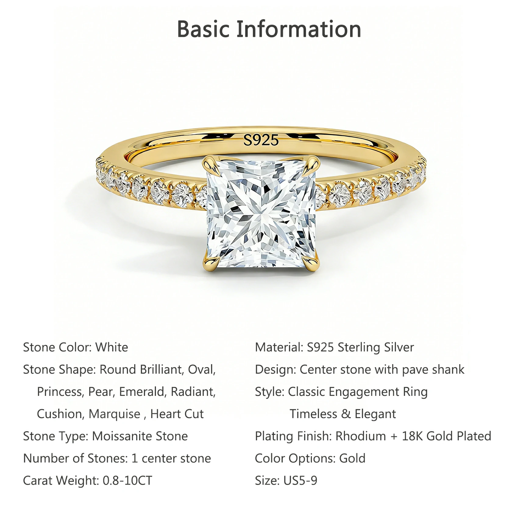 Bold&Chice 0.8-10CT Luxury Pave Moissanite Ring, 18K Gold Plated  S925 Silver Lab Created Diamond, Elegant Multi-Cut Statement Ring for Her