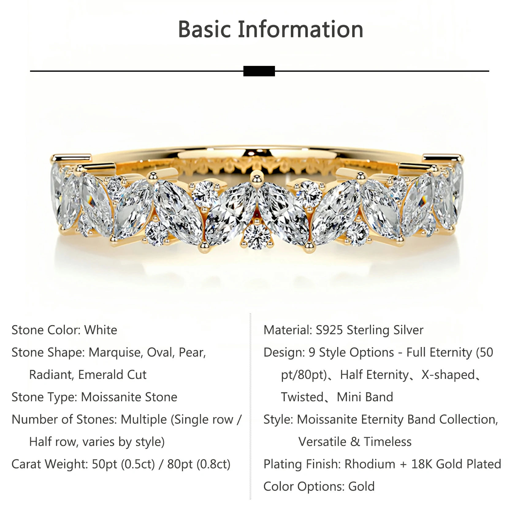 Bold&Chice 0.5-1CT Eternity Band Moissanite Ring, 18K Gold Plated S925 Silver Lab Created Diamond, Timeless Multi-Style Statement Ring for Her