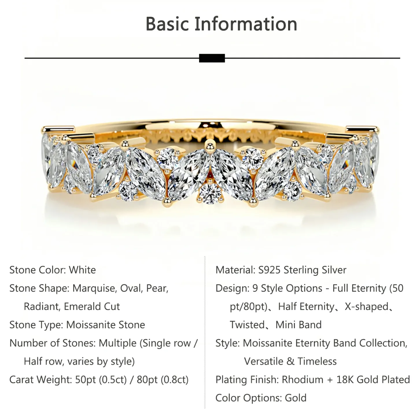 Bold&Chice 0.5-1CT Eternity Band Moissanite Ring, 18K Gold Plated S925 Silver Lab Created Diamond, Timeless Multi-Style Statement Ring for Her