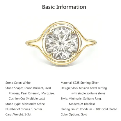Bold&Chice 1-3CT East-West Setting Moissanite Ring, 18K Gold Plated S925 Silver Lab Created Diamond, Sleek Multi-Cut Statement Ring for Her