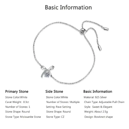 Bold&Chice 0.3CT Lovely Bow Ribbon Pave Moissanite Bracelet, S925 Silver Lab Grown Diamond, Delicate Adjustable Bracelet for Her