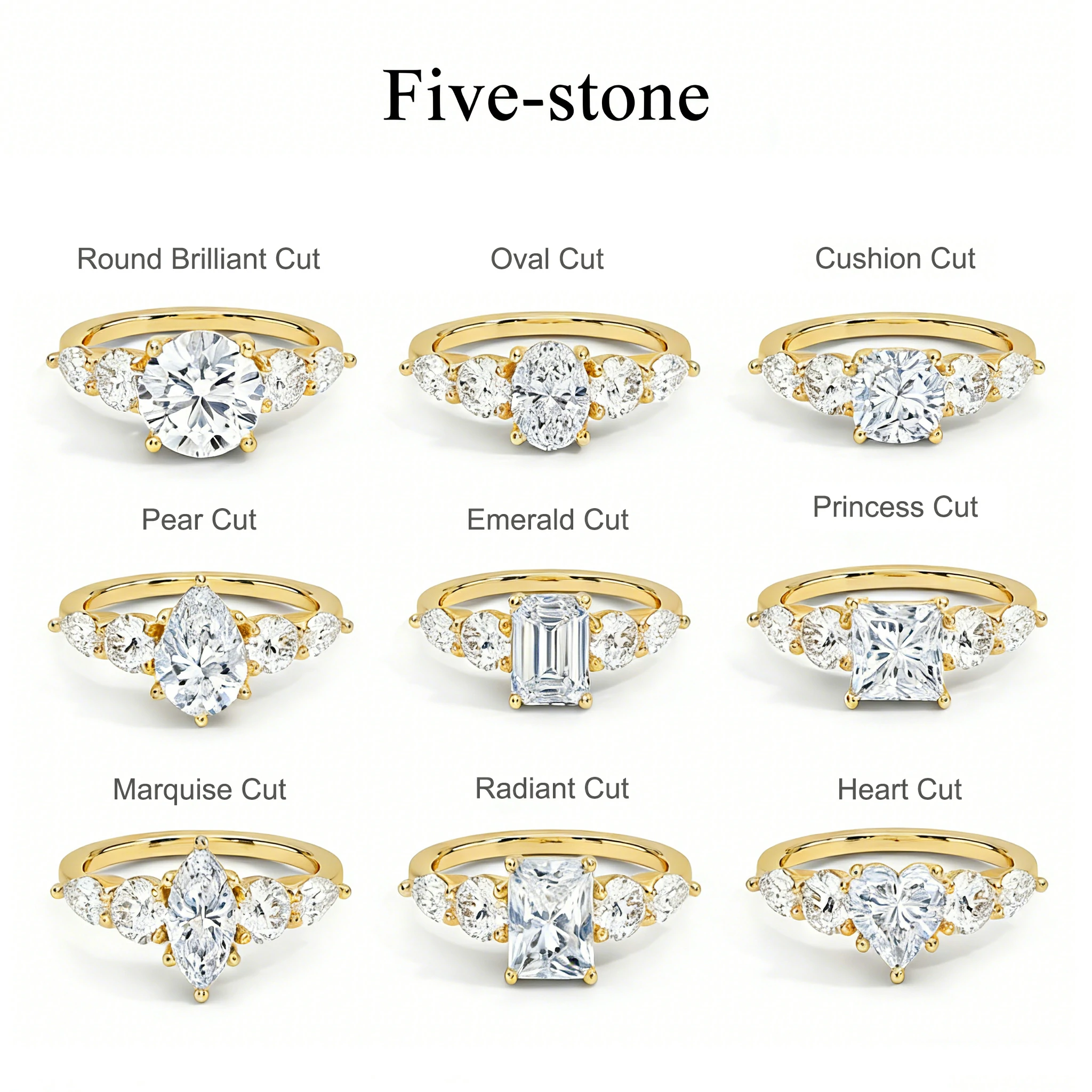 Bold&Chice 0.8-10CT Luxury Five-Stone Moissanite Ring, 18K Gold Plated S925 Silver Lab Created Diamond, Elegant Multi-Cut Statement Ring for Her