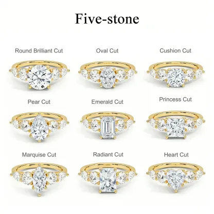 Bold&Chice 0.8-10CT Luxury Five-Stone Moissanite Ring, 18K Gold Plated S925 Silver Lab Created Diamond, Elegant Multi-Cut Statement Ring for Her