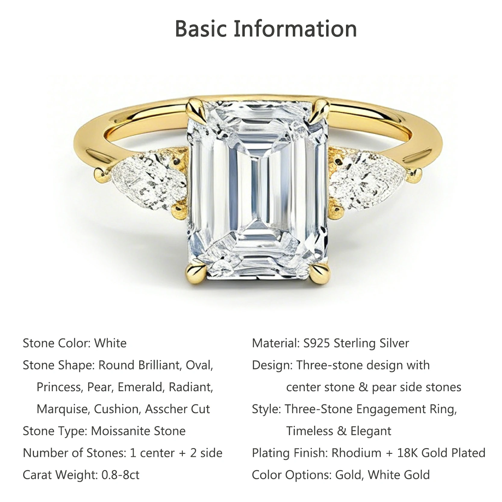 Bold&Chice 0.8-10CT Three-Stone Pear Side Moissanite Ring, 18K Gold Plated S925 Silver Lab Created Diamond, Elegant Multi-Cut Statement Ring for Her