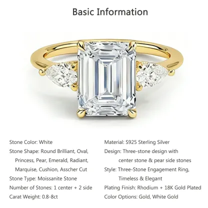 Bold&Chice 0.8-10CT Three-Stone Pear Side Moissanite Ring, 18K Gold Plated S925 Silver Lab Created Diamond, Elegant Multi-Cut Statement Ring for Her