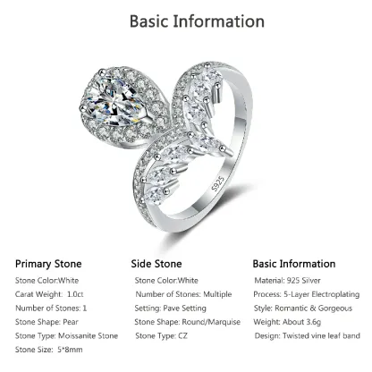 Bold&Chice 1CT Pear Cut Moissanite Crown Ring, Marquise Pave S925 Silver Lab Created Diamond Ring for Women