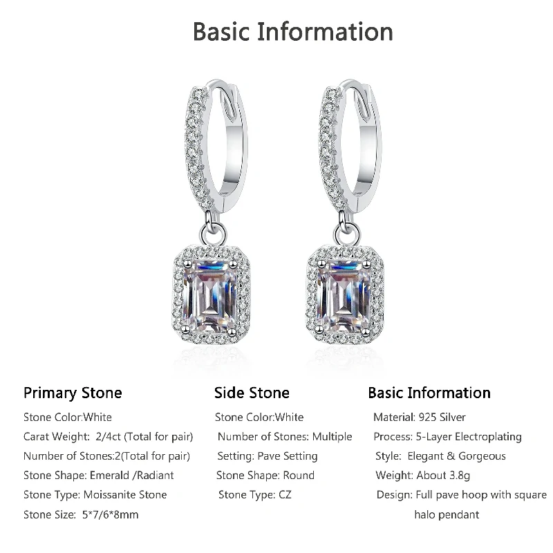 Bold&Chice 2/4CT Emerald / Radiant Cut Moissanite Drop Earrings, Baguette Huggie S925 Silver Lab Created Diamond Earrings for Women