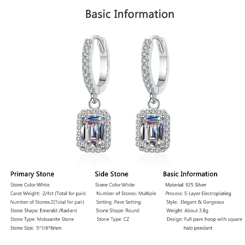 Bold&Chice 2/4CT Emerald / Radiant Cut Moissanite Drop Earrings, Baguette Huggie S925 Silver Lab Created Diamond Earrings for Women