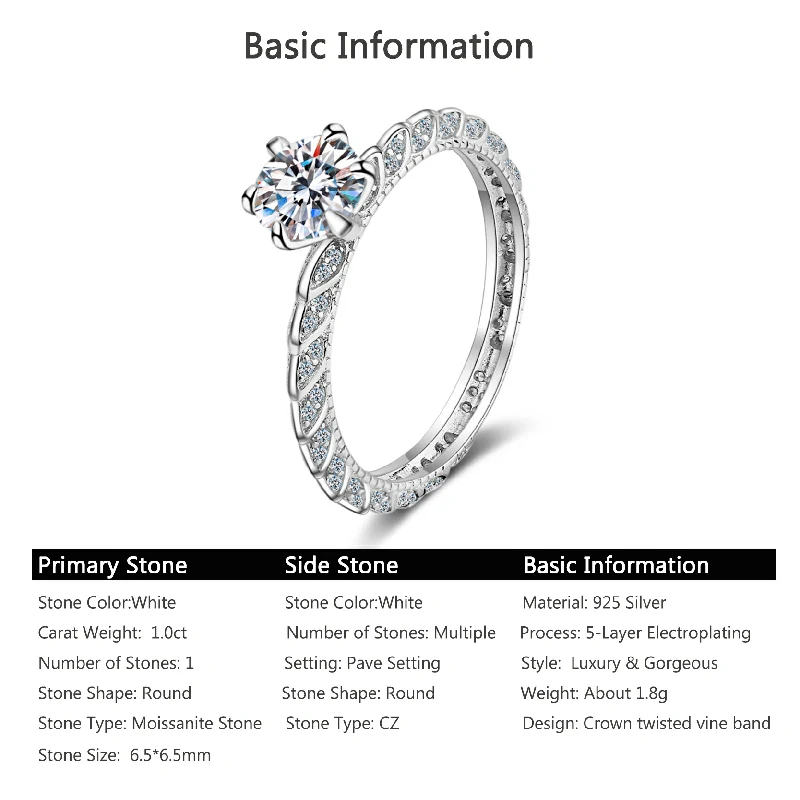 Bold&Chice 1CT Round Moissanite Crown Vine Ring, Pave Leaf S925 Silver Lab Created Diamond Ring for Women