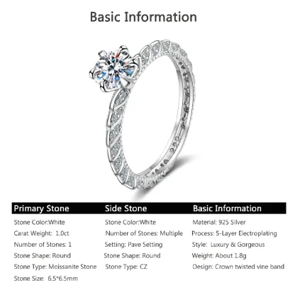 Bold&Chice 1CT Round Moissanite Crown Vine Ring, Pave Leaf S925 Silver Lab Created Diamond Ring for Women