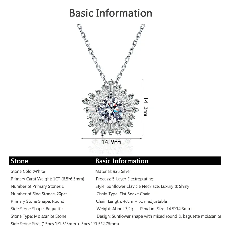 Bold&Chice Gorgeous Sunflower Baguette Moissanite Necklace, S925 Silver Lab Created Diamond, Shiny Floral Statement Necklace for Her
