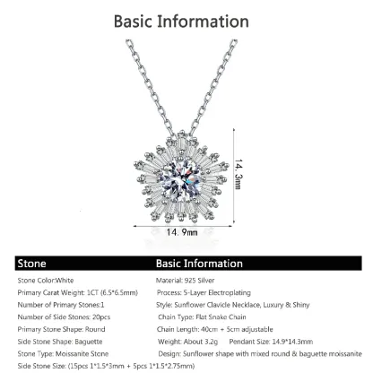 Bold&Chice Gorgeous Sunflower Baguette Moissanite Necklace, S925 Silver Lab Created Diamond, Shiny Floral Statement Necklace for Her