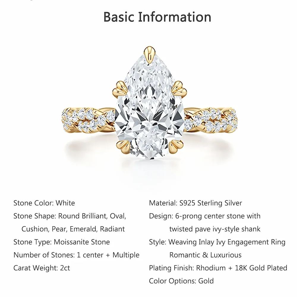 Bold&Chice 2CT Luxury Ivy Twisted Shank Moissanite Ring, 18K Gold Plated S925 Silver Lab Created Diamond, Romantic Weaving Statement Ring