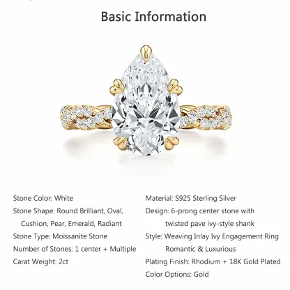 Bold&Chice 2CT Luxury Ivy Twisted Shank Moissanite Ring, 18K Gold Plated S925 Silver Lab Created Diamond, Romantic Weaving Statement Ring