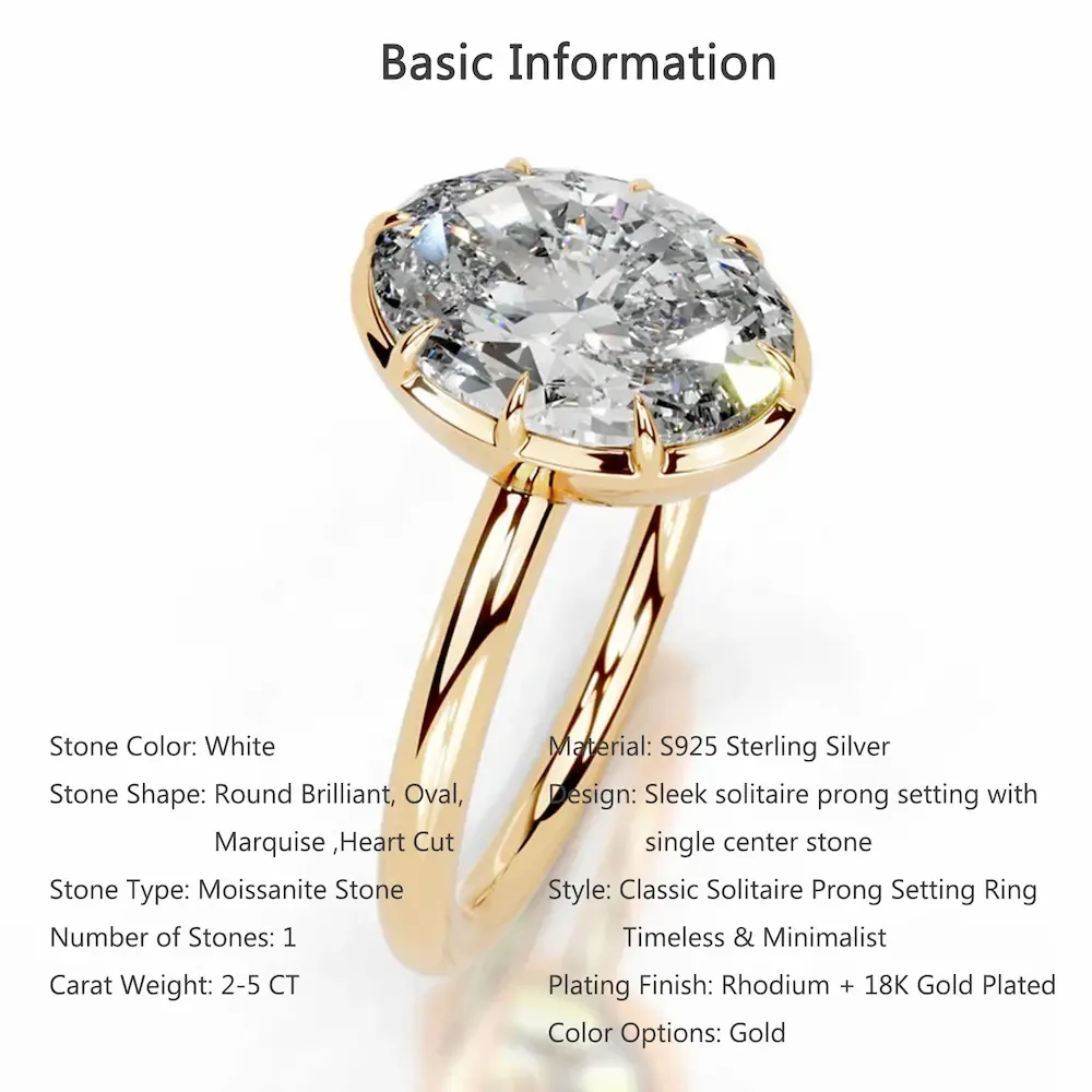 Bold&Chice 2-5CT Solitaire Prong Setting Moissanite Ring, 18K Gold Plated S925 Silver Lab Created Diamond Ring